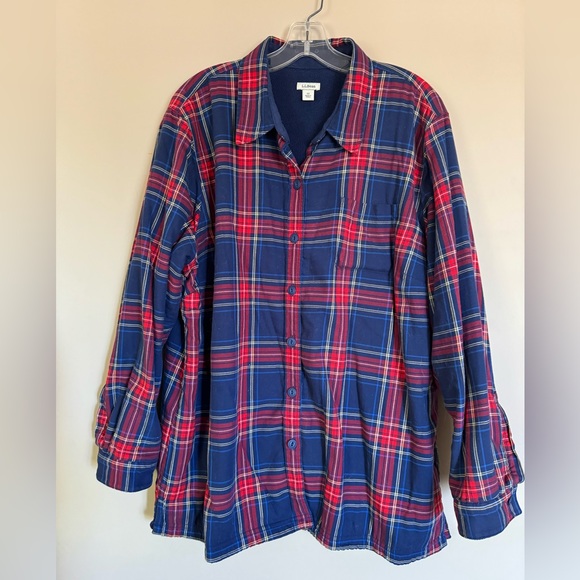 L.L. Bean Fleece Lined Plaid Button Up Shirt in Blue and Red - Picture 2 of 6